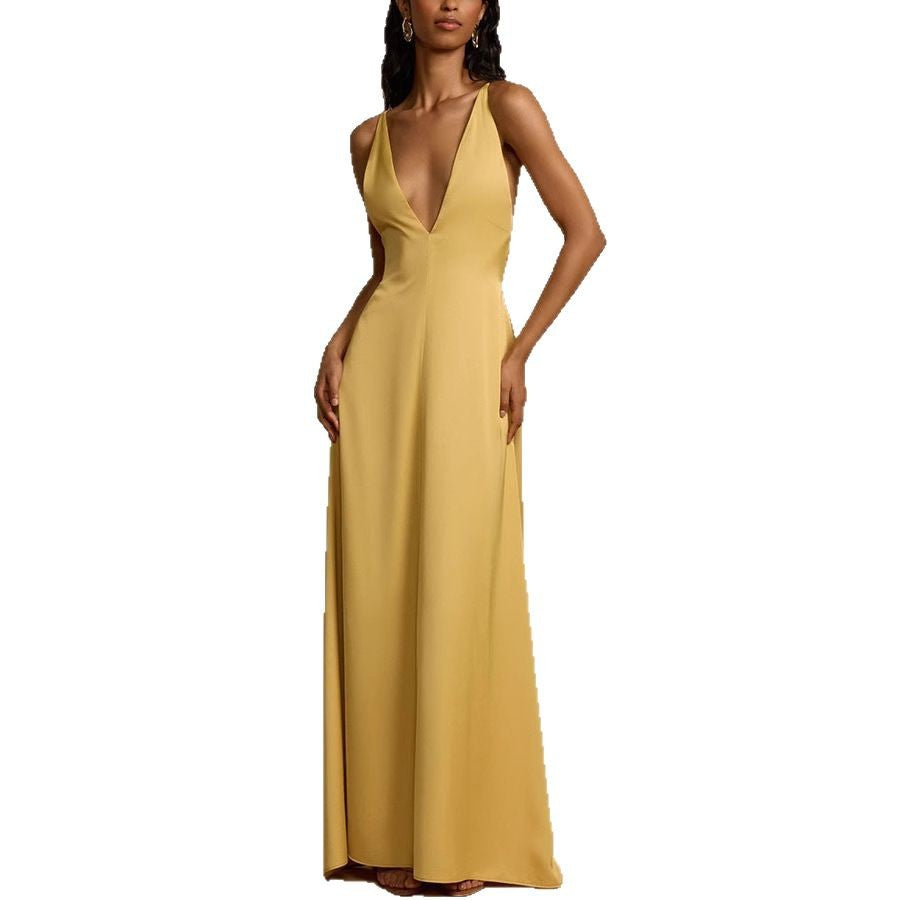 Western-Style Sexy Backless Deep V-Neck Satin Maxi Dress