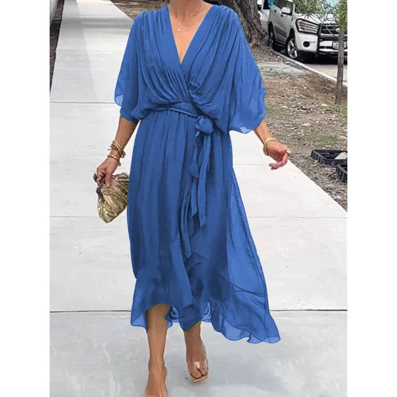 Solid-Color Belted Maxi Dress — Asymmetrical Batwing-Sleeve Dress