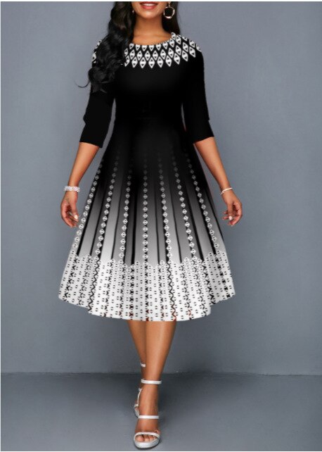 Women's Half Sleeve A-Line Party Dress Vintage O-Neck Plaid Ombre Print Swing Skirt