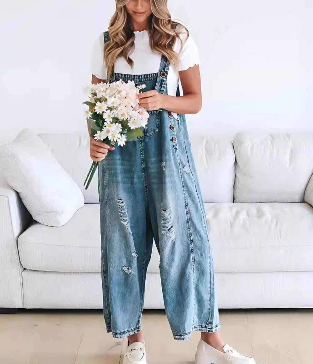 Women's Loose Fit Adjustable Strap Distressed Denim Bib Overalls (BUY 2 FREE SHIPPING)