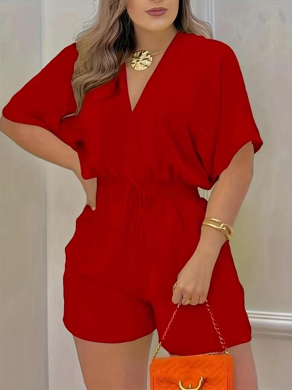 🔥 Summer Best-Seller 🔥 Women's Solid-Color V-Neck Jumpsuit — Drawstring Waist & Ruched Design