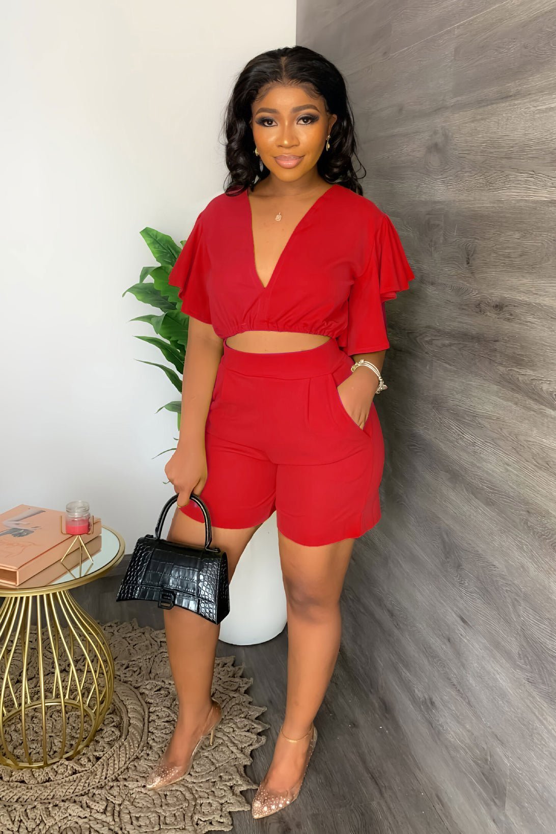 💓V Neck Ruffled Casual Two Piece Shorts Set