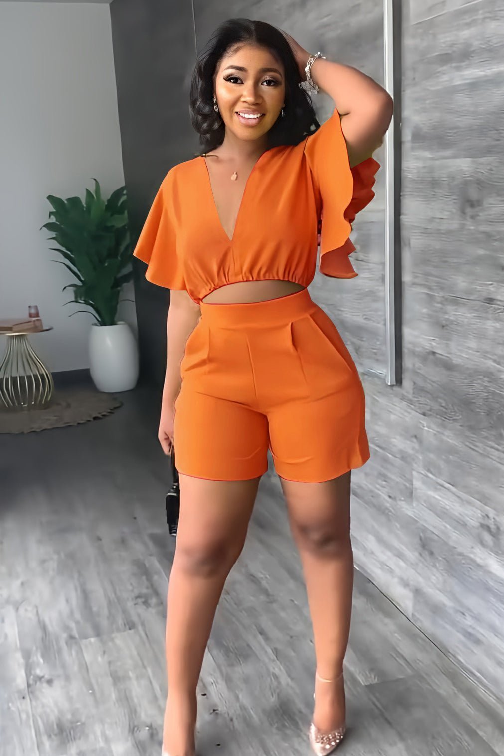 💓V Neck Ruffled Casual Two Piece Shorts Set