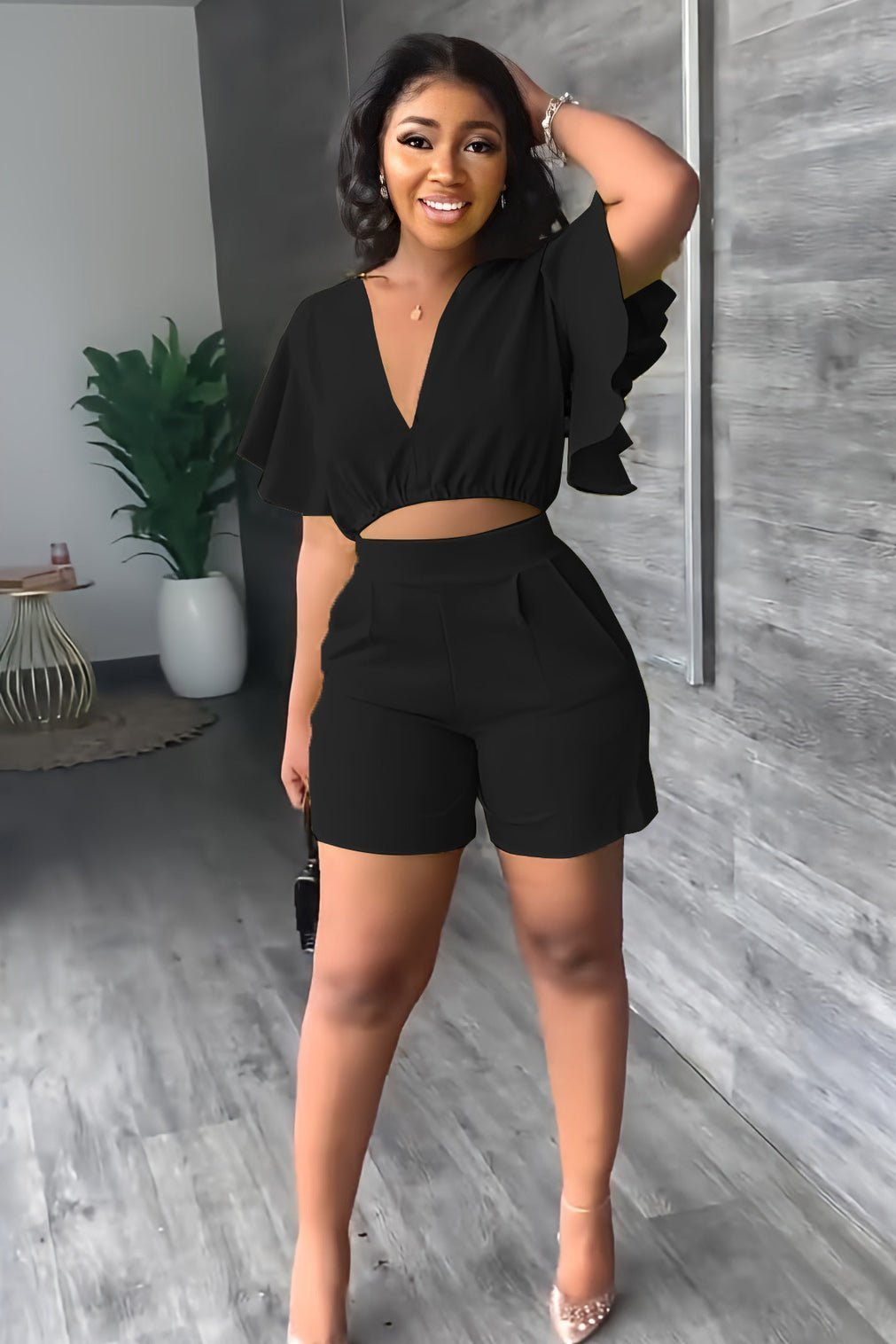 💓V Neck Ruffled Casual Two Piece Shorts Set