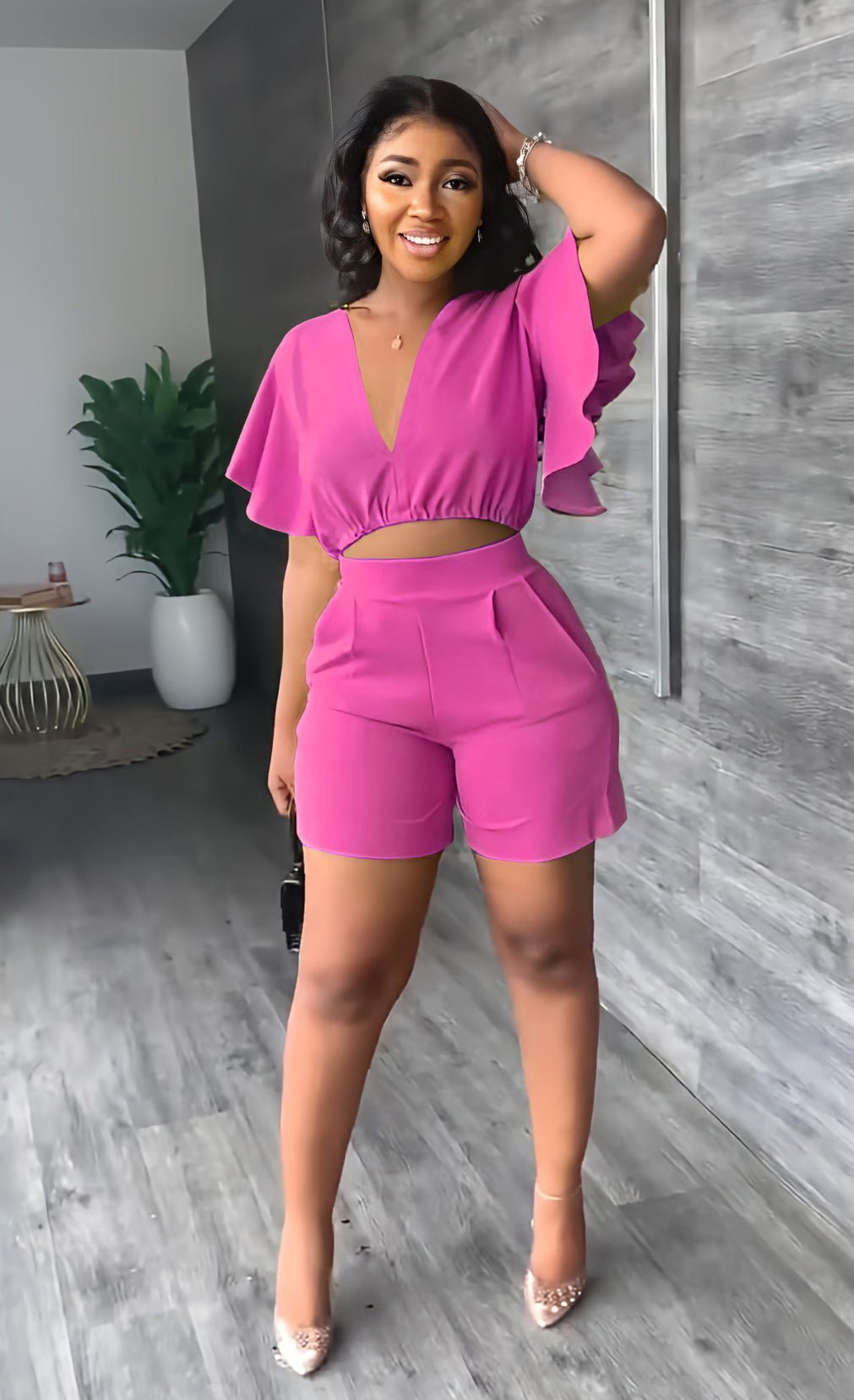 💓V Neck Ruffled Casual Two Piece Shorts Set
