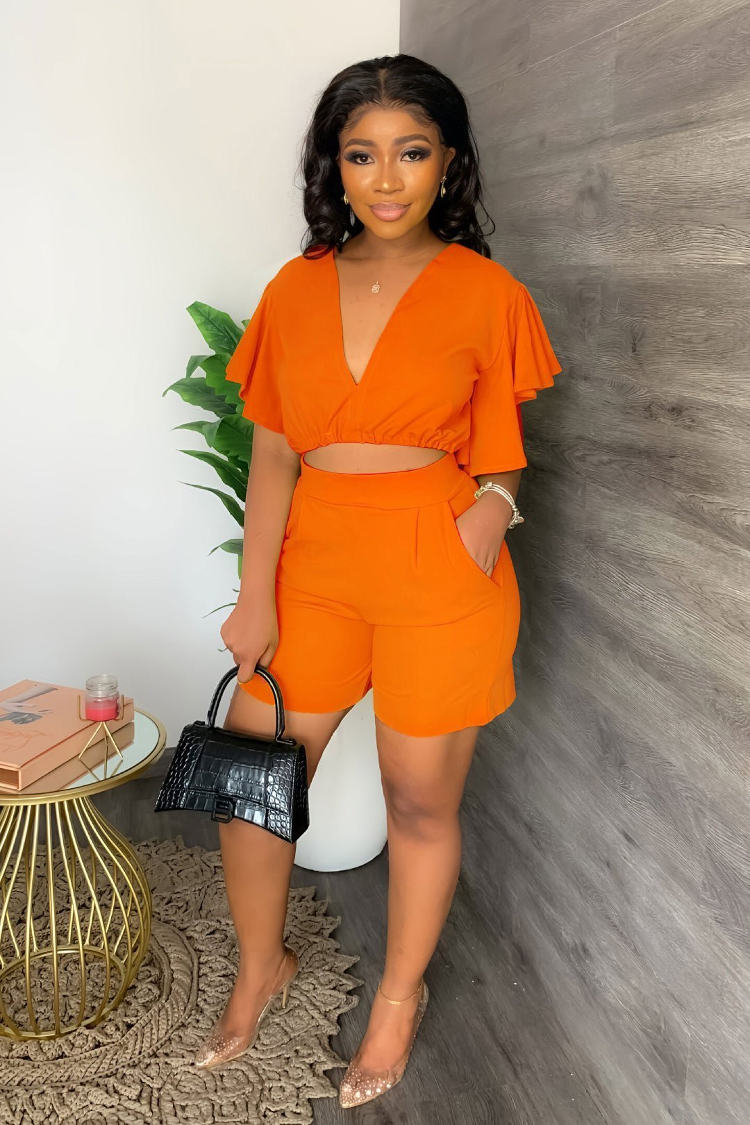 💓V Neck Ruffled Casual Two Piece Shorts Set