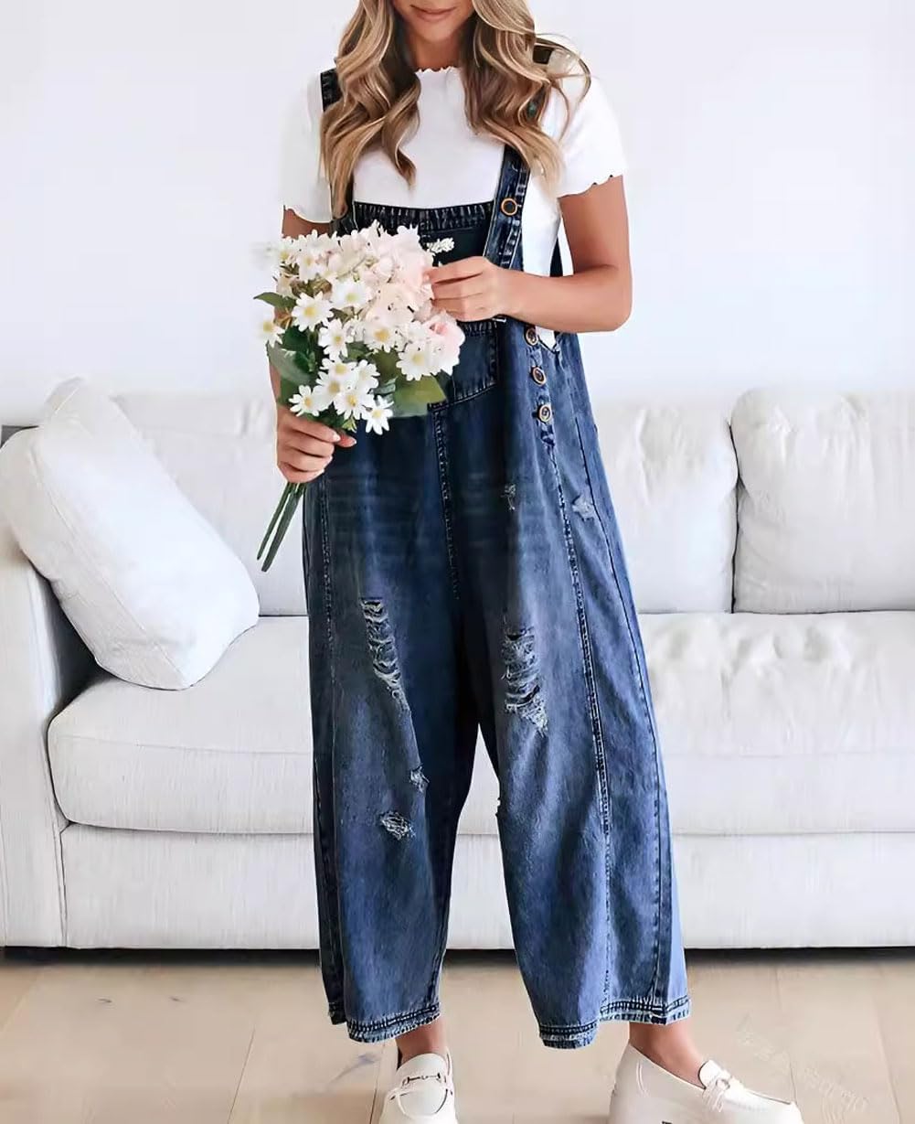Women's Loose Fit Adjustable Strap Distressed Denim Bib Overalls (BUY 2 FREE SHIPPING)