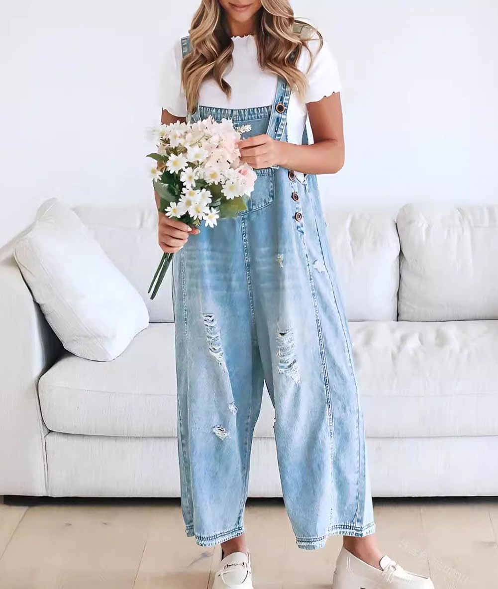 Women's Loose Fit Adjustable Strap Distressed Denim Bib Overalls (BUY 2 FREE SHIPPING)