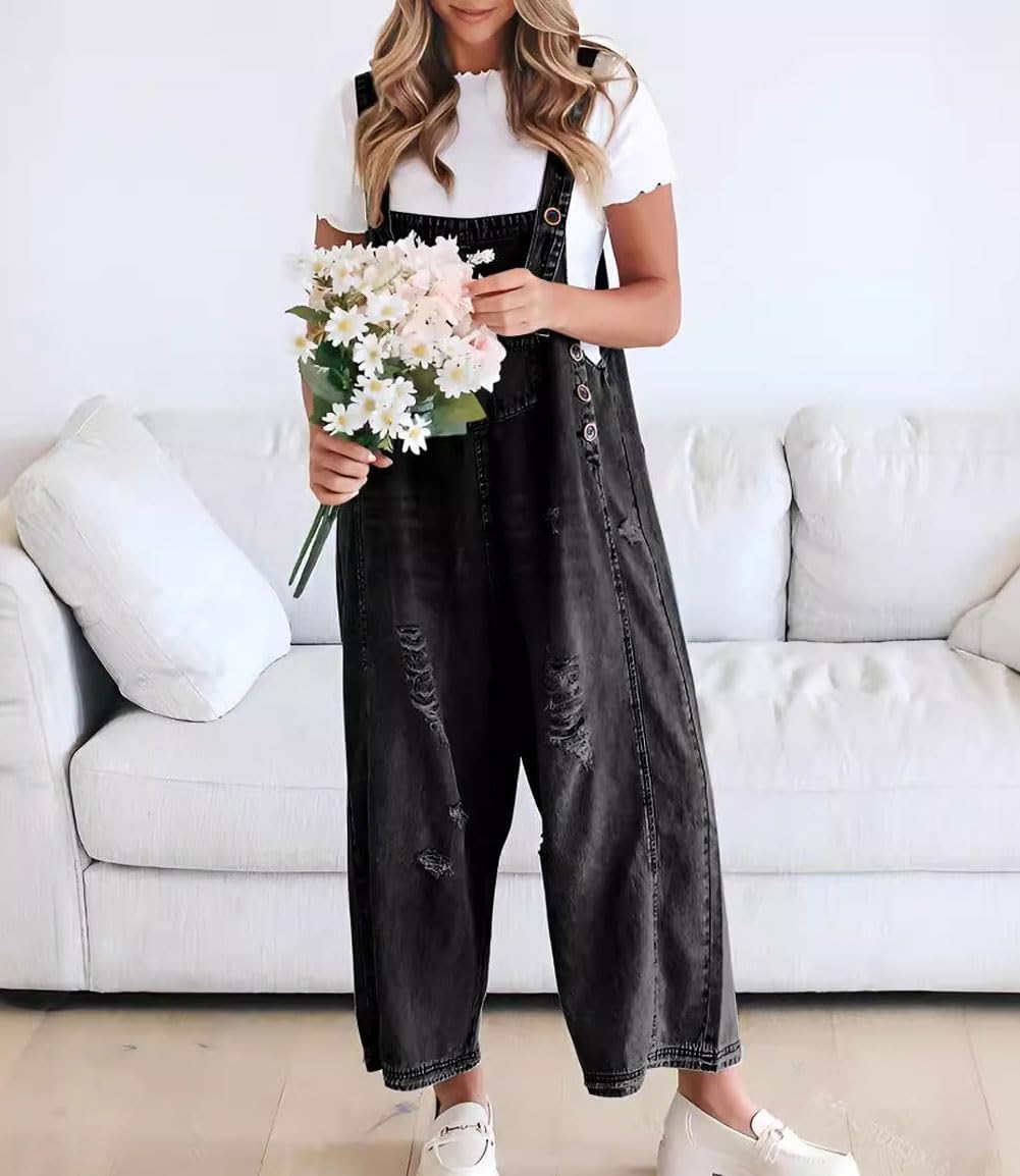 Women's Loose Fit Adjustable Strap Distressed Denim Bib Overalls (BUY 2 FREE SHIPPING)