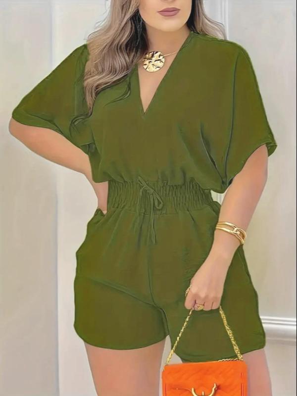 🔥 Summer Best-Seller 🔥 Women's Solid-Color V-Neck Jumpsuit — Drawstring Waist & Ruched Design