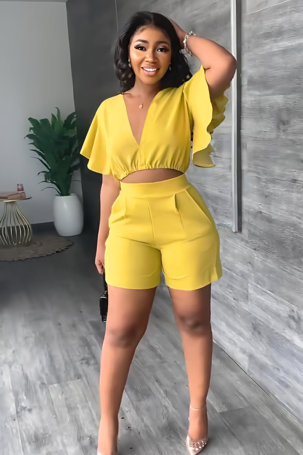 💓V Neck Ruffled Casual Two Piece Shorts Set