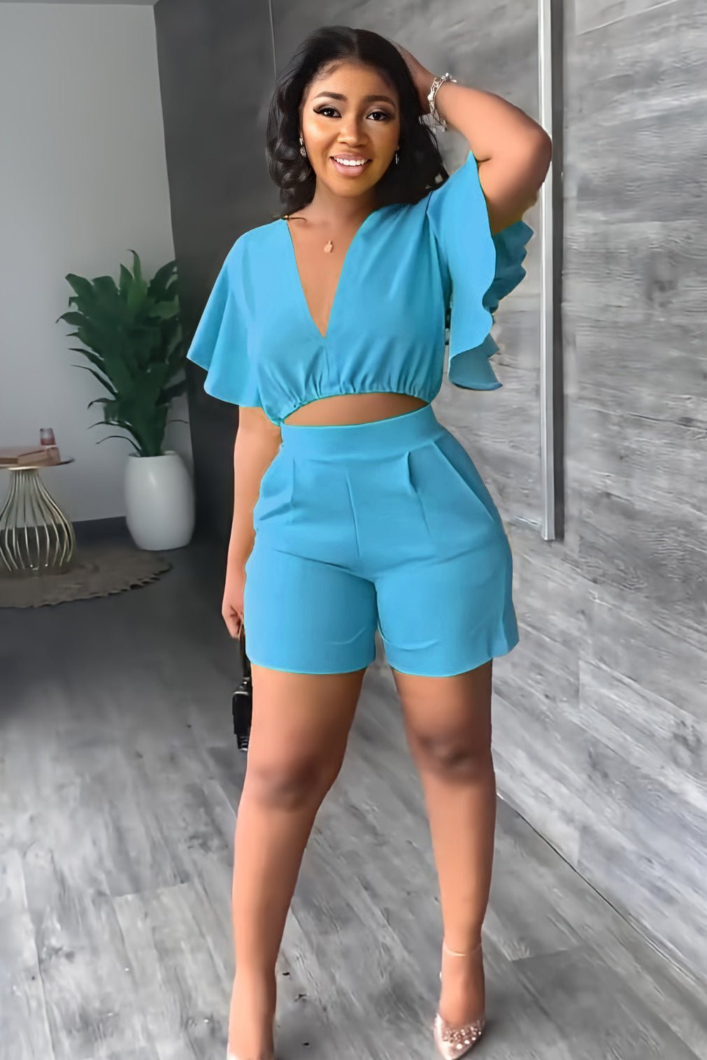 💓V Neck Ruffled Casual Two Piece Shorts Set