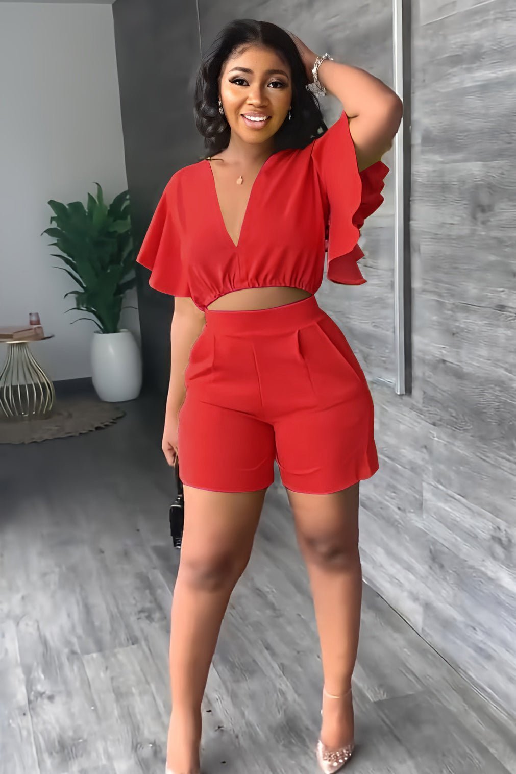 💓V Neck Ruffled Casual Two Piece Shorts Set