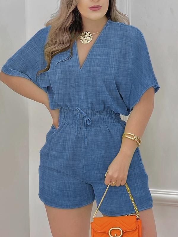 🔥 Summer Best-Seller 🔥 Women's Solid-Color V-Neck Jumpsuit — Drawstring Waist & Ruched Design