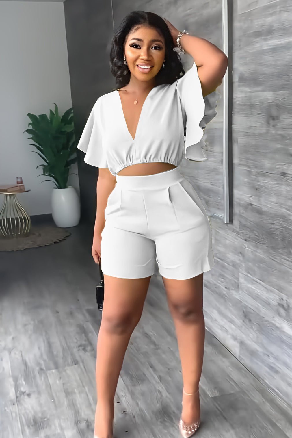 💓V Neck Ruffled Casual Two Piece Shorts Set
