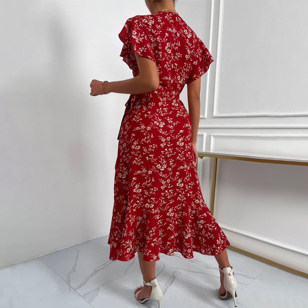 Sexy Deep-V, Tie-Waist, Trendy Floral Print, Vacation-Style Maxi Dress