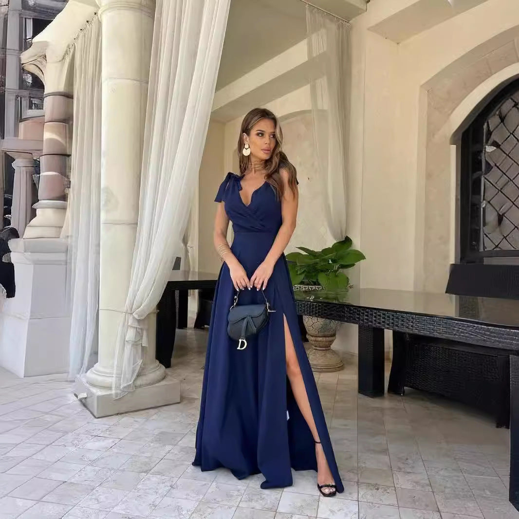 Solid-Color Extra-Long Evening Gown