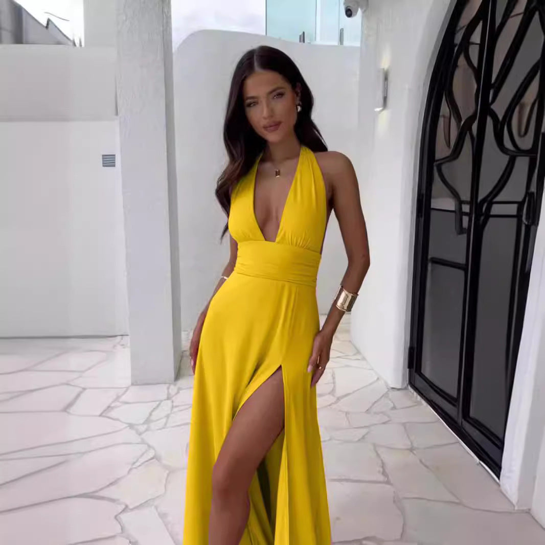 Solid-Color Long Dress with Stand Collar, Halter Neck, V-Neck, and Slit