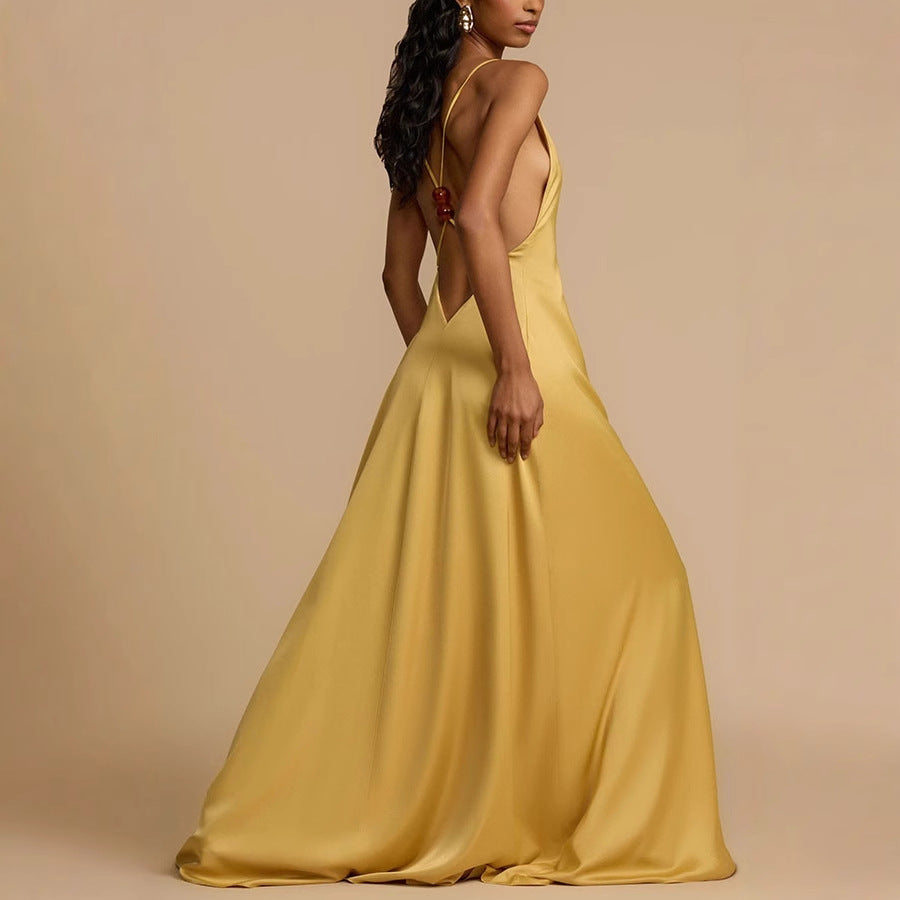 Western-Style Sexy Backless Deep V-Neck Satin Maxi Dress