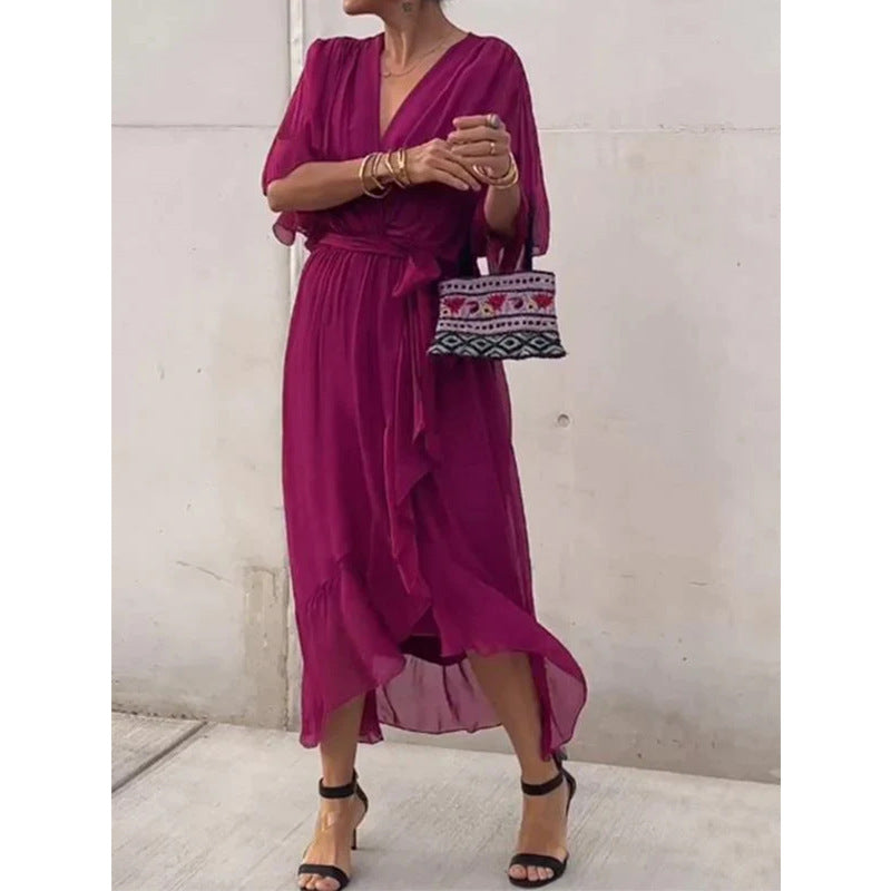 Solid-Color Belted Maxi Dress — Asymmetrical Batwing-Sleeve Dress