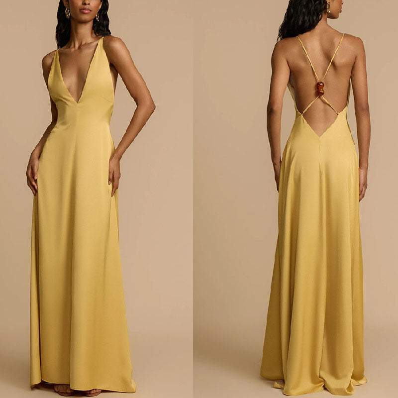 Western-Style Sexy Backless Deep V-Neck Satin Maxi Dress