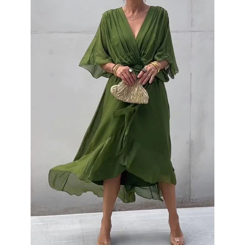 Solid-Color Belted Maxi Dress — Asymmetrical Batwing-Sleeve Dress