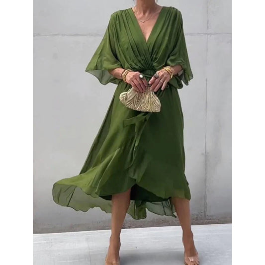 Solid-Color Belted Maxi Dress — Asymmetrical Batwing-Sleeve Dress