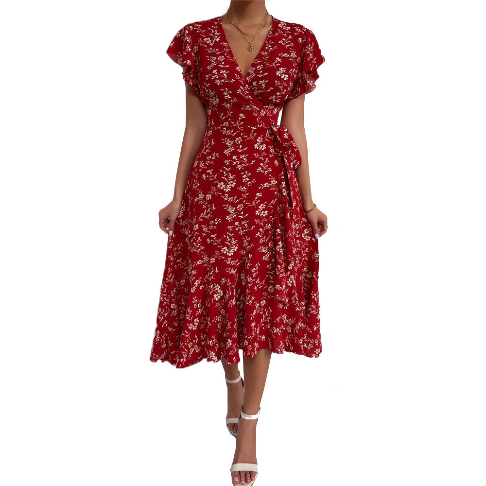 Sexy Deep-V, Tie-Waist, Trendy Floral Print, Vacation-Style Maxi Dress