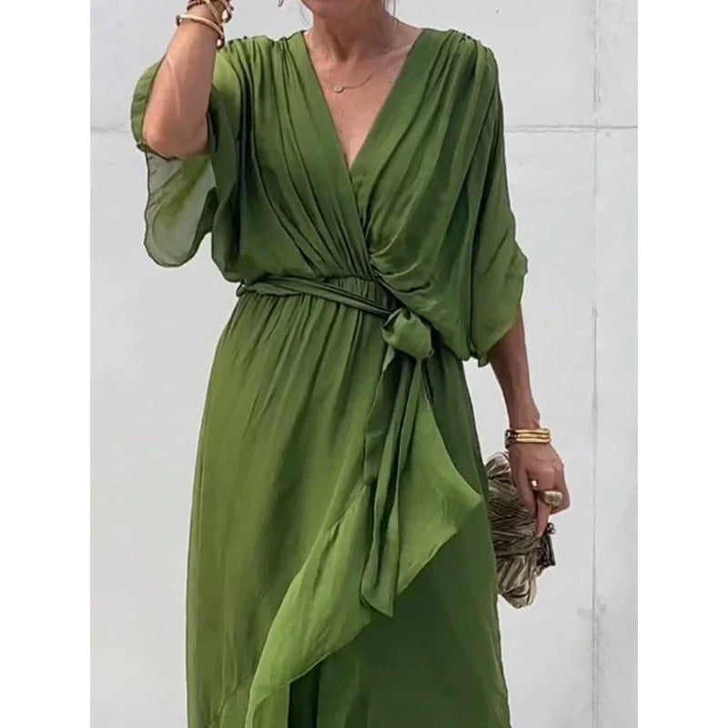Solid-Color Belted Maxi Dress — Asymmetrical Batwing-Sleeve Dress