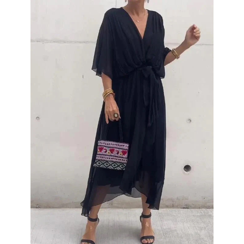 Solid-Color Belted Maxi Dress — Asymmetrical Batwing-Sleeve Dress