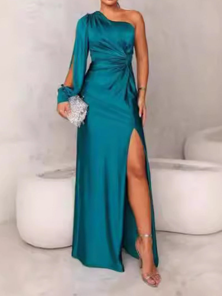 Waist-Cinching, Ruched, Slit Maxi Dress