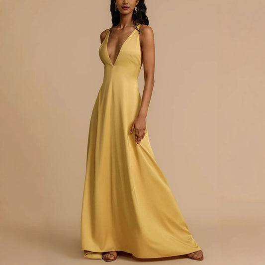 Western-Style Sexy Backless Deep V-Neck Satin Maxi Dress