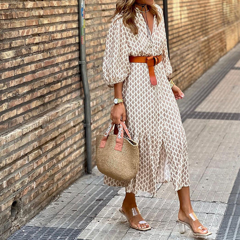 Printed V-Neck Midi Dress with Puff Sleeves