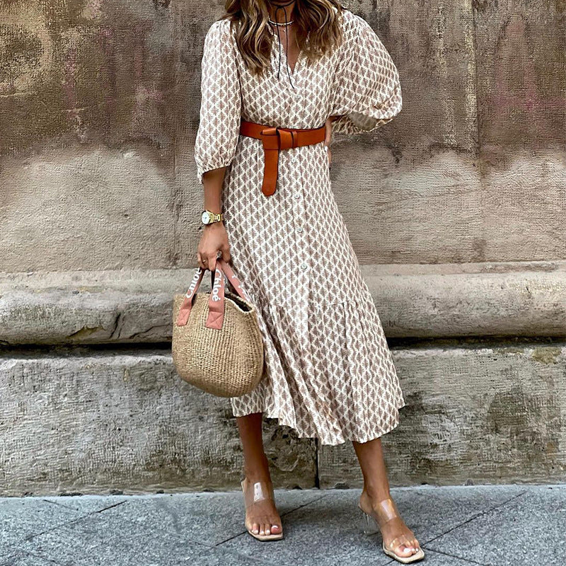 Printed V-Neck Midi Dress with Puff Sleeves