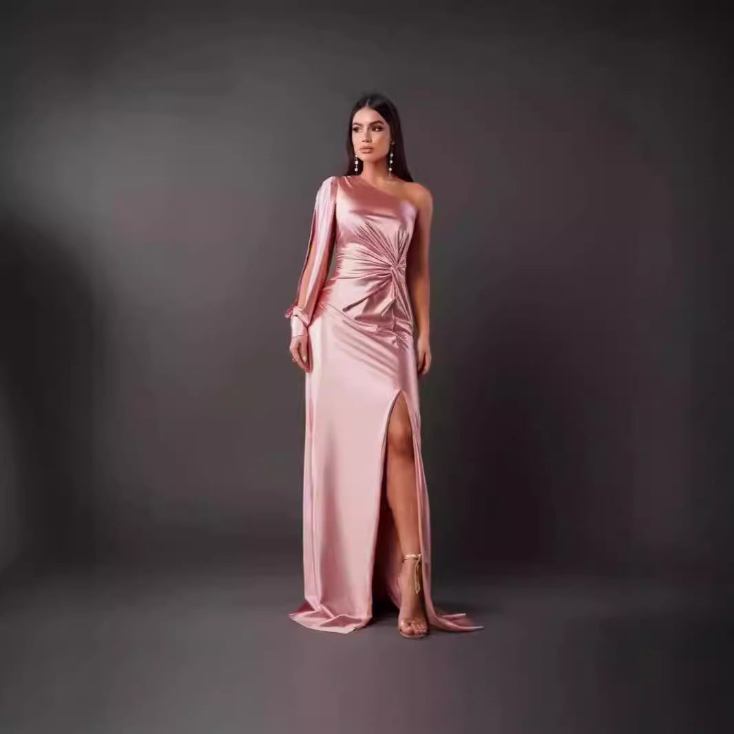 Waist-Cinching, Ruched, Slit Maxi Dress