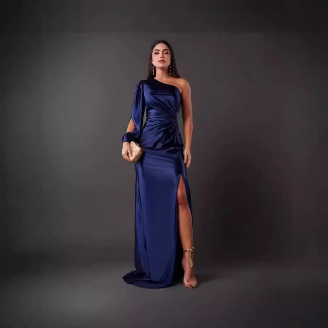Waist-Cinching, Ruched, Slit Maxi Dress