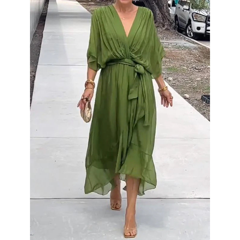 Solid-Color Belted Maxi Dress — Asymmetrical Batwing-Sleeve Dress