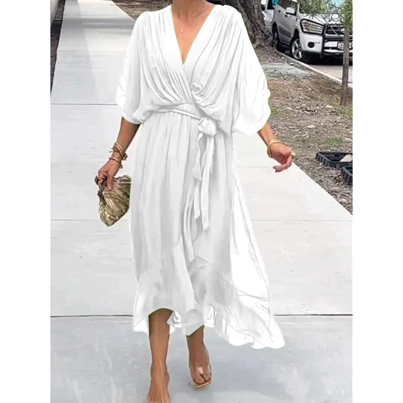 Solid-Color Belted Maxi Dress — Asymmetrical Batwing-Sleeve Dress