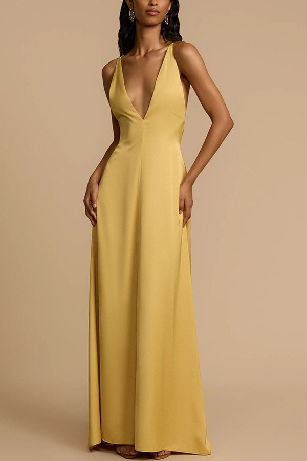 Western-Style Sexy Backless Deep V-Neck Satin Maxi Dress