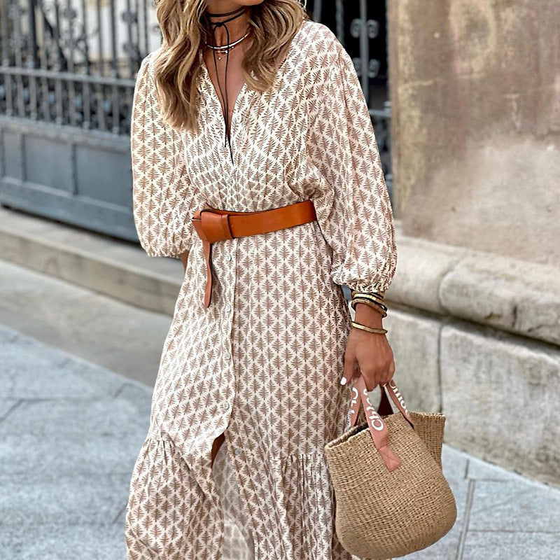 Printed V-Neck Midi Dress with Puff Sleeves