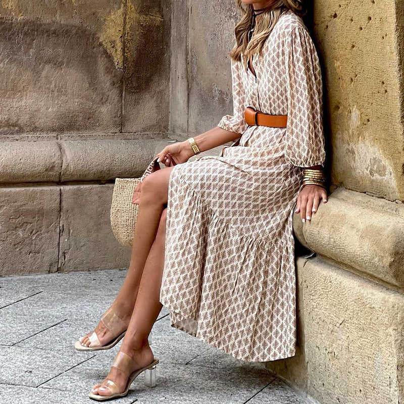Printed V-Neck Midi Dress with Puff Sleeves