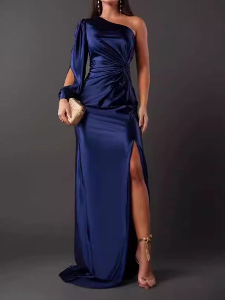Waist-Cinching, Ruched, Slit Maxi Dress