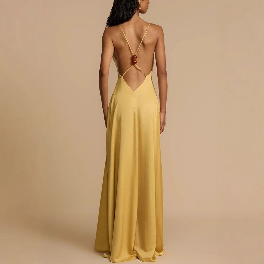 Western-Style Sexy Backless Deep V-Neck Satin Maxi Dress