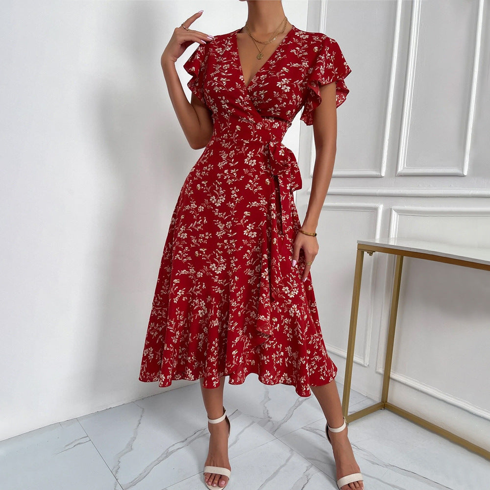Sexy Deep-V, Tie-Waist, Trendy Floral Print, Vacation-Style Maxi Dress