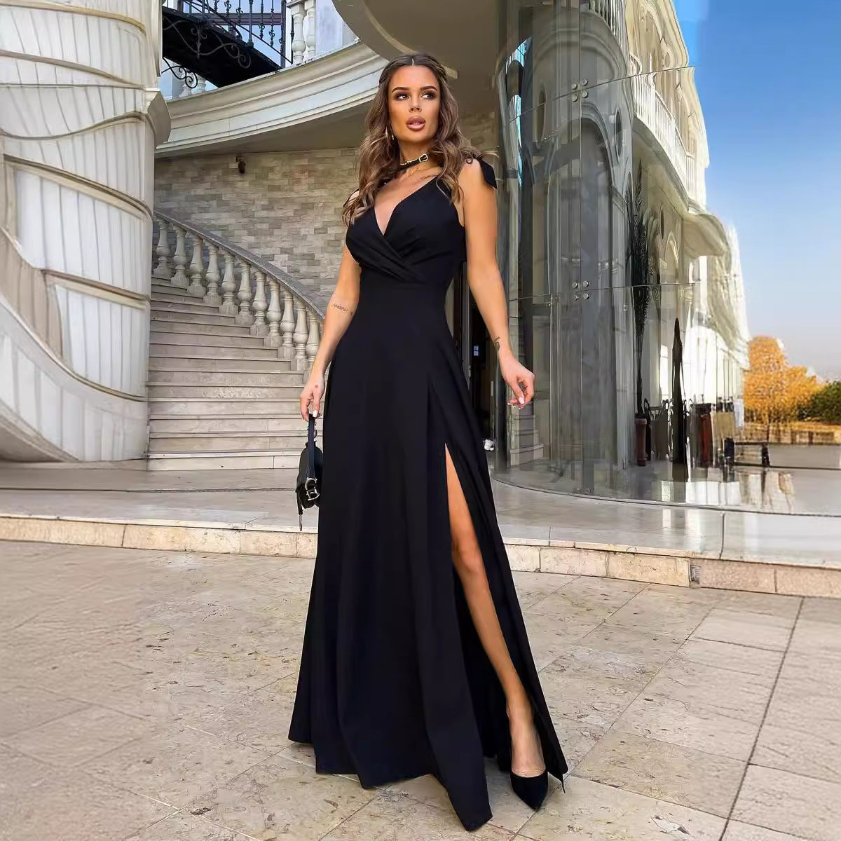 Solid-Color Extra-Long Evening Gown