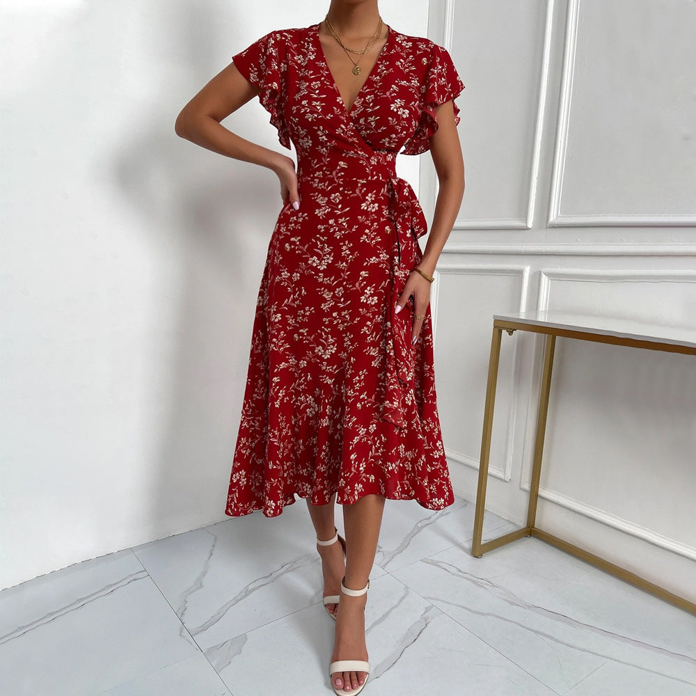 Sexy Deep-V, Tie-Waist, Trendy Floral Print, Vacation-Style Maxi Dress
