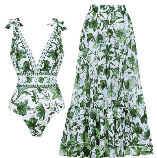 Blue and White Porcelain Swimsuit Wrap Skirt Set