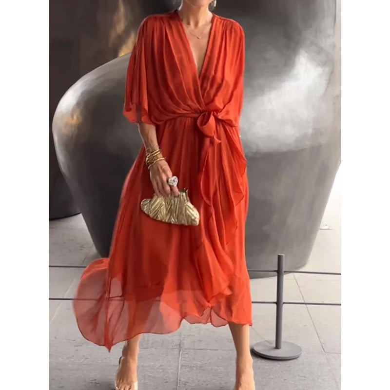 Solid-Color Belted Maxi Dress — Asymmetrical Batwing-Sleeve Dress
