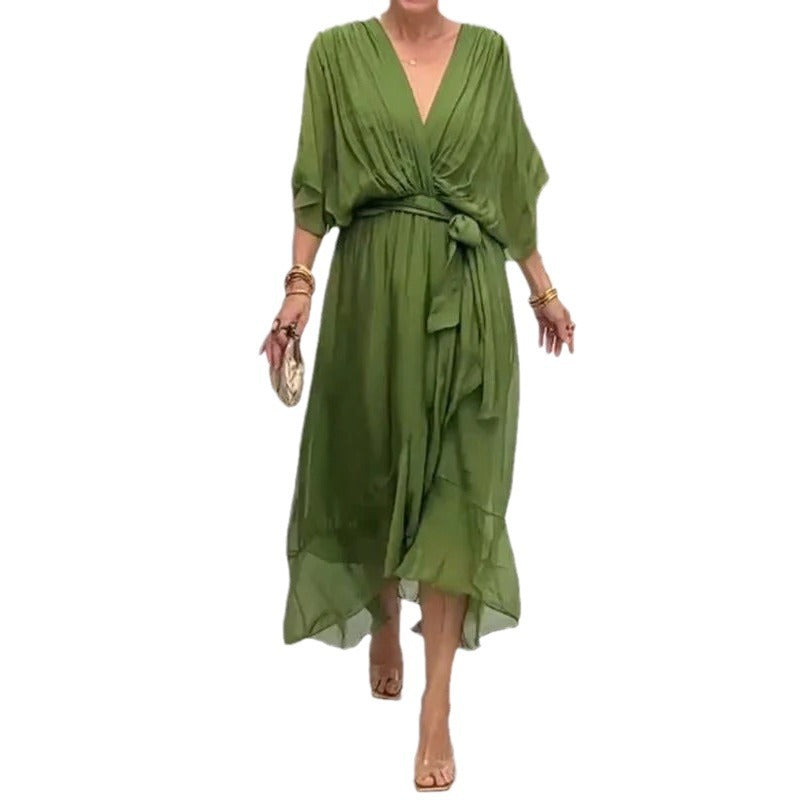 Solid-Color Belted Maxi Dress — Asymmetrical Batwing-Sleeve Dress