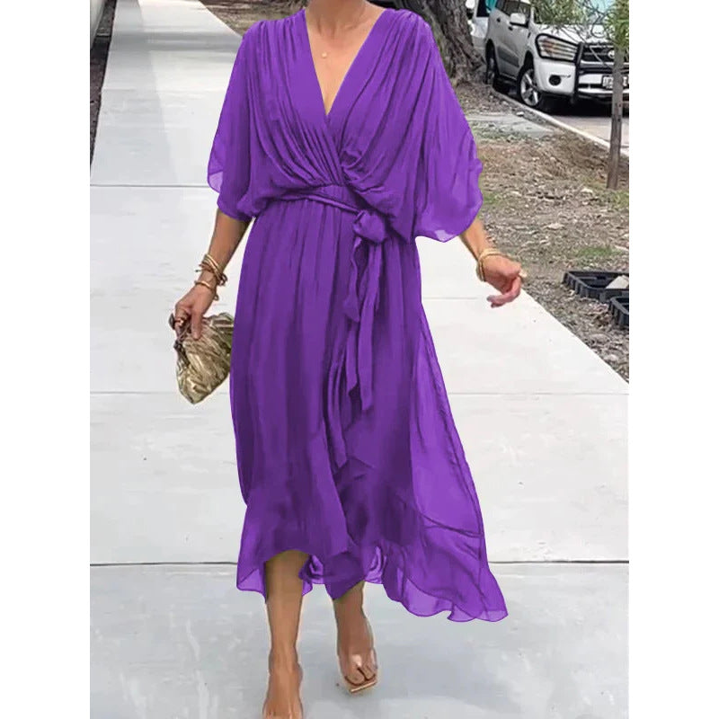 Solid-Color Belted Maxi Dress — Asymmetrical Batwing-Sleeve Dress